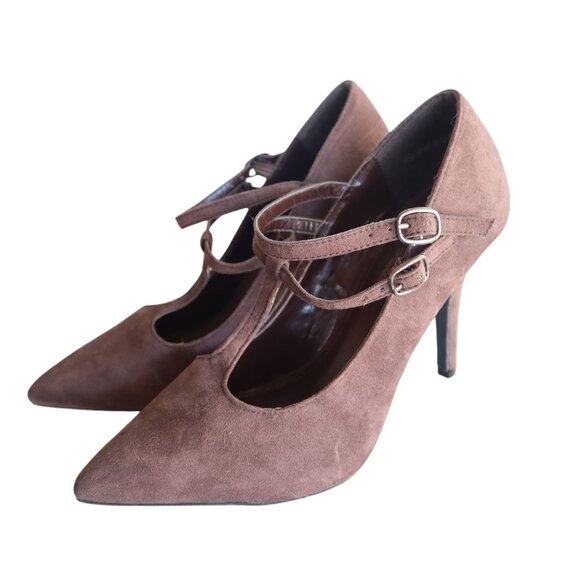 DbBk Fashion Brown Suede Pointed-Toe Mary Jane Pumps Size 7.5 - Picture 1 of 7